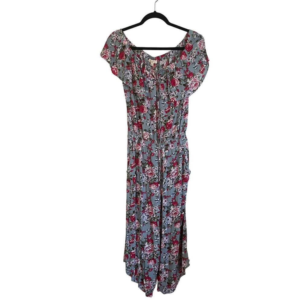 NWOT EASEL Blue Floral Print Jumpsuit Ruffle Collar Elastic Waist Size Small